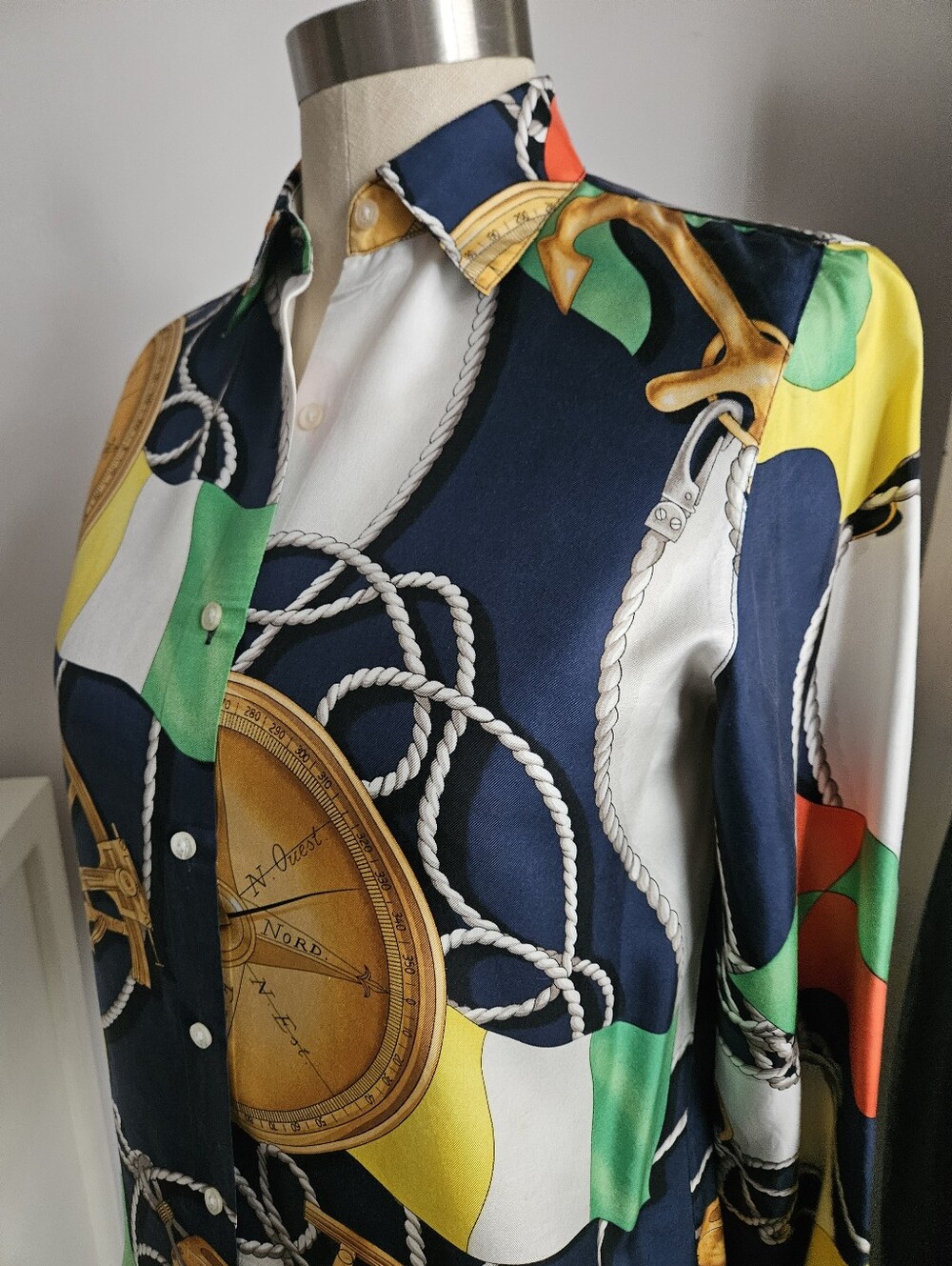 LAUREN RALPH LAUREN Nautical Coastal Print Navy Silk Button-Down Shirt | SZ 2P - Picture 5 of 10